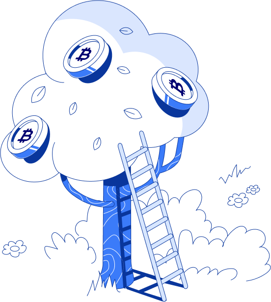 Digital illustration of a Bitcoin tree with BTC coin leaves, ladder, in blue and white theme.