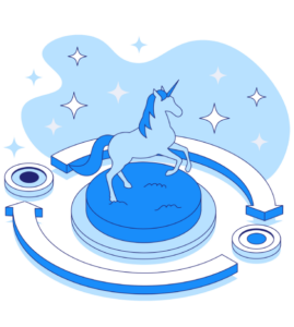 An illustration features a unicorn under a starry sky, evoking the magic of buying bitcoin on Coinmama.