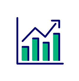 A circular icon with a blue-green bar graph and upward arrow, ideal for buy bitcoin visuals.