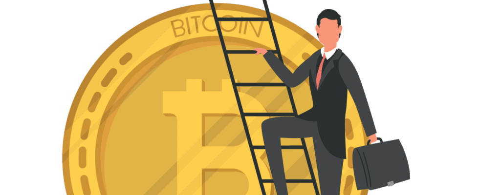 Illustration of a businessperson climbing a ladder against a Bitcoin, symbolizing growth in buying crypto on Coinmama.