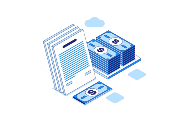 Illustration: Stacked documents and piles of U.S. dollars, representing buy bitcoin options on Coinmama.