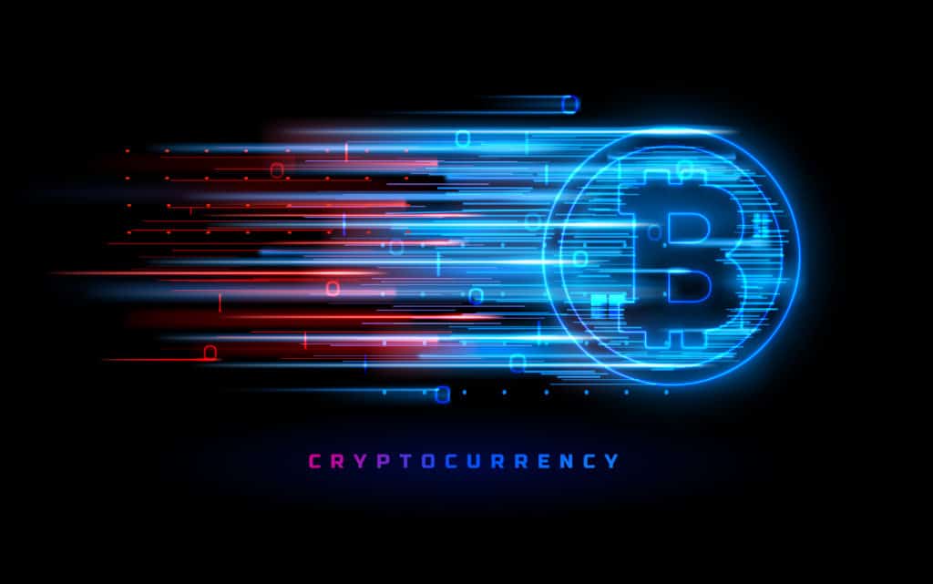 A digital illustration with a glowing Bitcoin symbol and "CRYPTOCURRENCY" text; ideal to buy bitcoin.