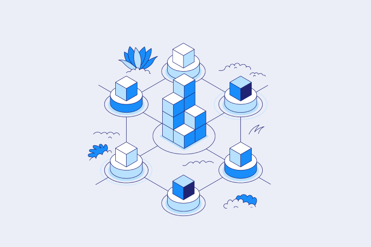 An illustration of interconnected cube stacks highlights the dynamic world of buying bitcoin on Coinmama.