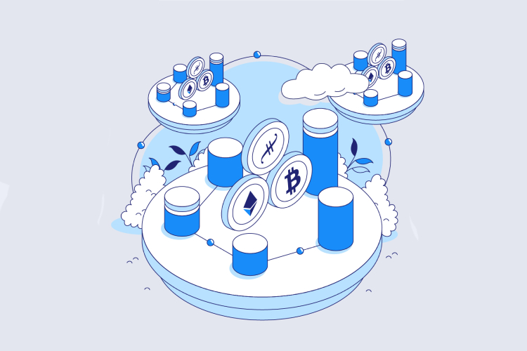 Illustration of cryptocurrencies like Bitcoin on interconnected platforms, symbolizing a digital system to buy crypto with Coinmama.