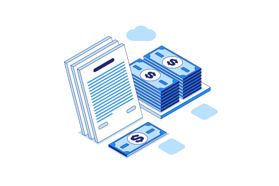 A 3D isometric illustration features a financial document, stacks of dollar bills, and minimalist clouds—ideal for Coinmama to buy bitcoin or cryptocurrency.