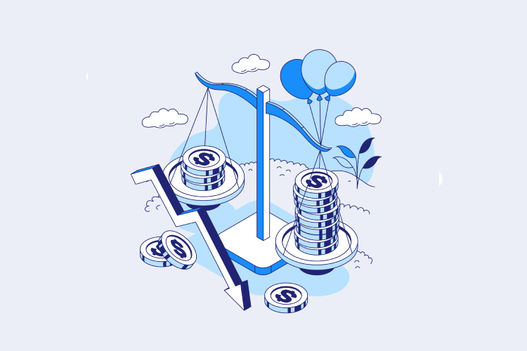 Illustration shows a scale with coins, indicating market decline; useful for those looking to buy Bitcoin via Coinmama.